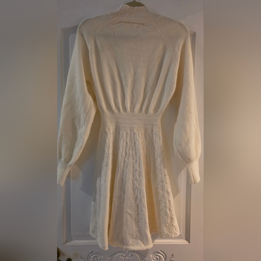 White Fitted  Cableknit Mini Sweater Dress -High Neck, Long Sleeves Sz S